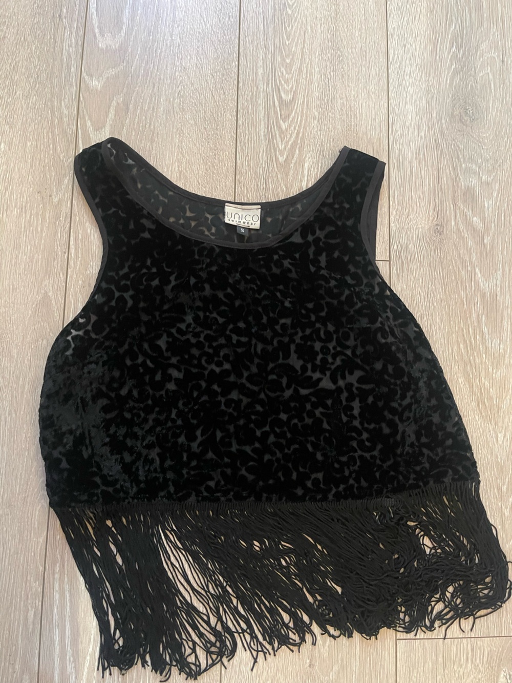 Vintage Unico Swimwear Black Velvet Sleeveless Fringe Tank